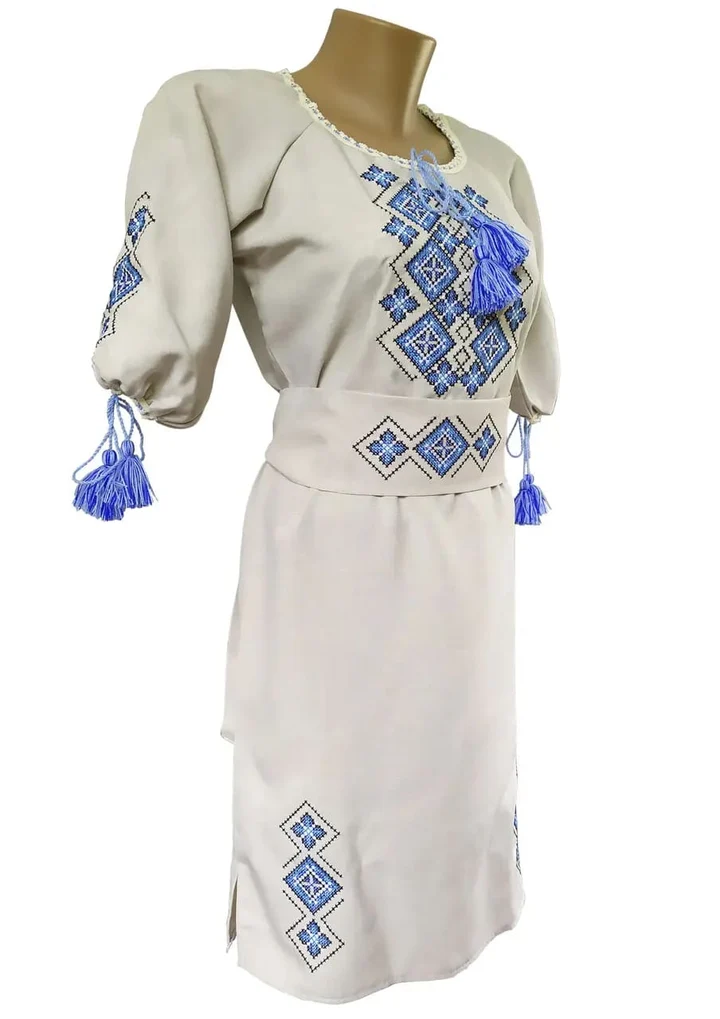 Azure Rhombus Dress, Ukrainian embroidered women's dress