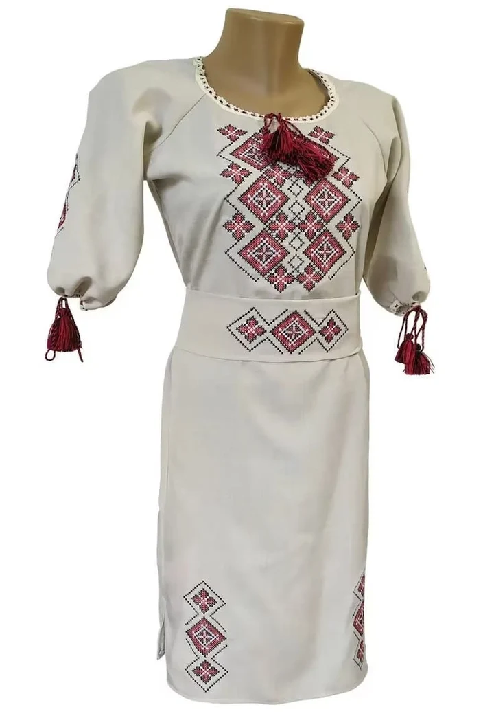 Crimson Rhombus Dress, Ukrainian embroidered women's dress