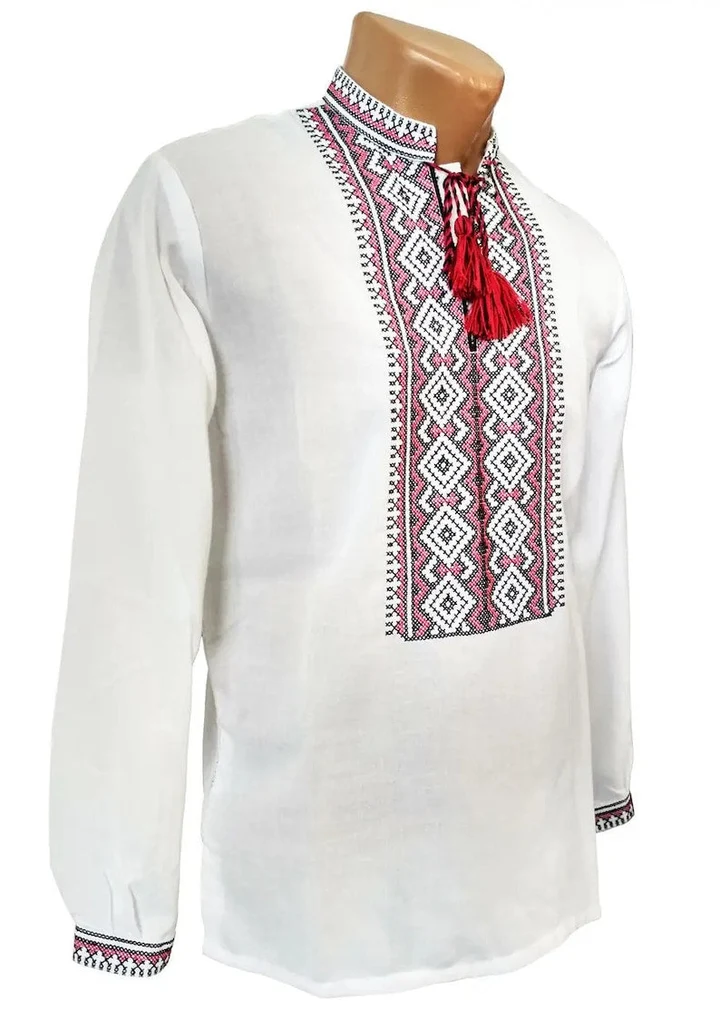 White men's vyshyvanka with crimson and black geometric embroidery